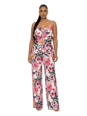 Beach Break Floral Jumpsuit Size M Tropical Print Spaghetti Strap Wide Leg.